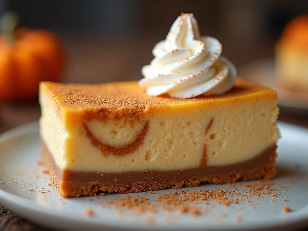 Close-up pumpkin cheesecake bar with whipped cream and cinnamon