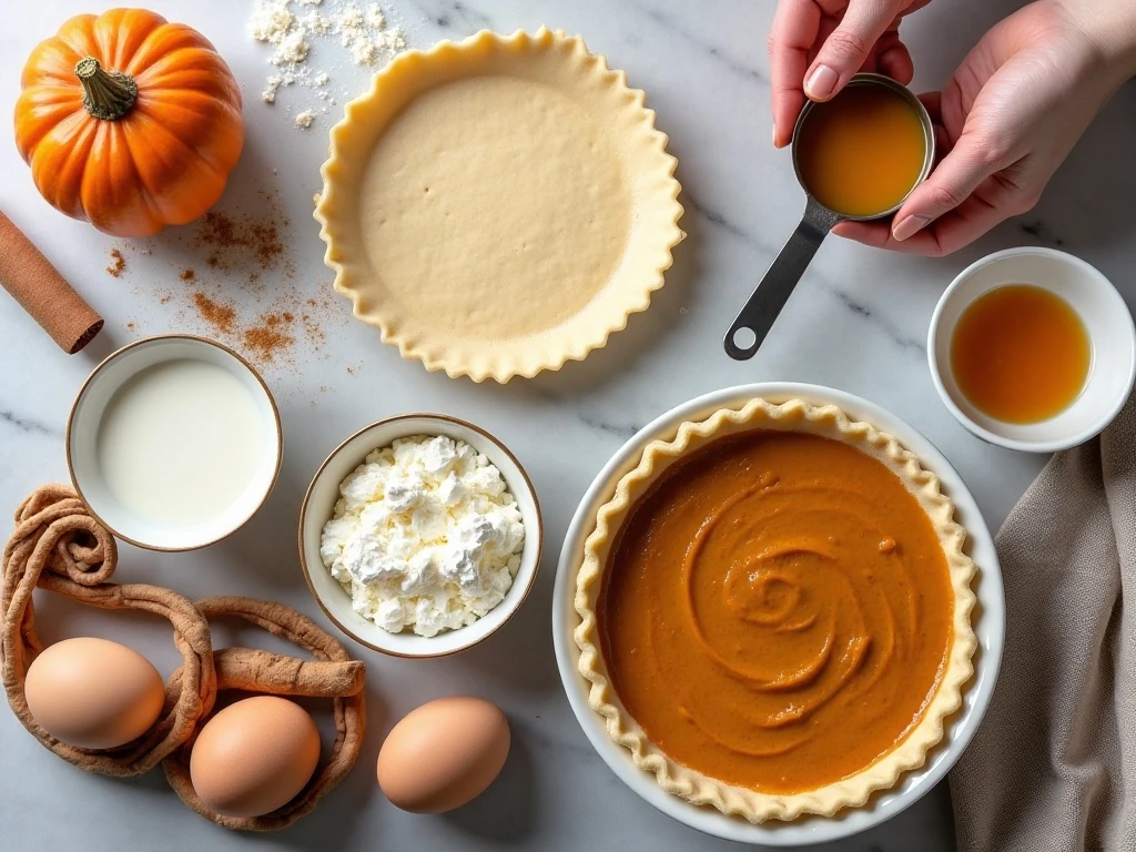 Ingredients for pumpkin swirl pie arranged for baking
