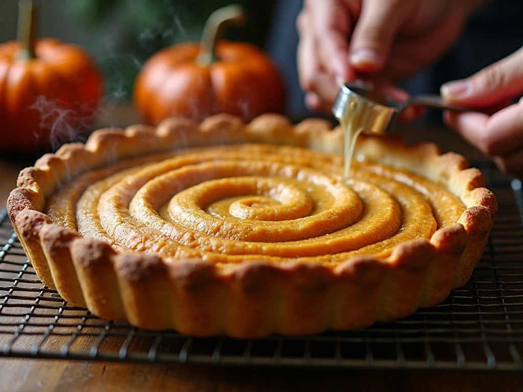 Freshly baked pumpkin swirl pie cooling on a rack