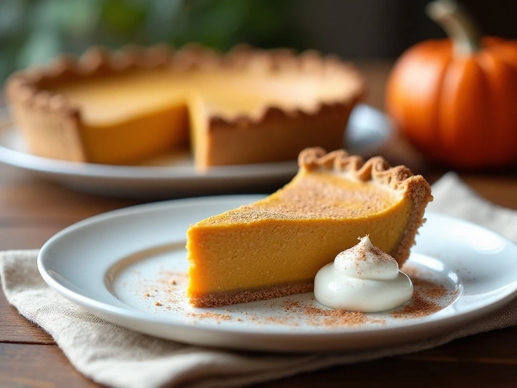A slice of pumpkin swirl pie served with whipped cream