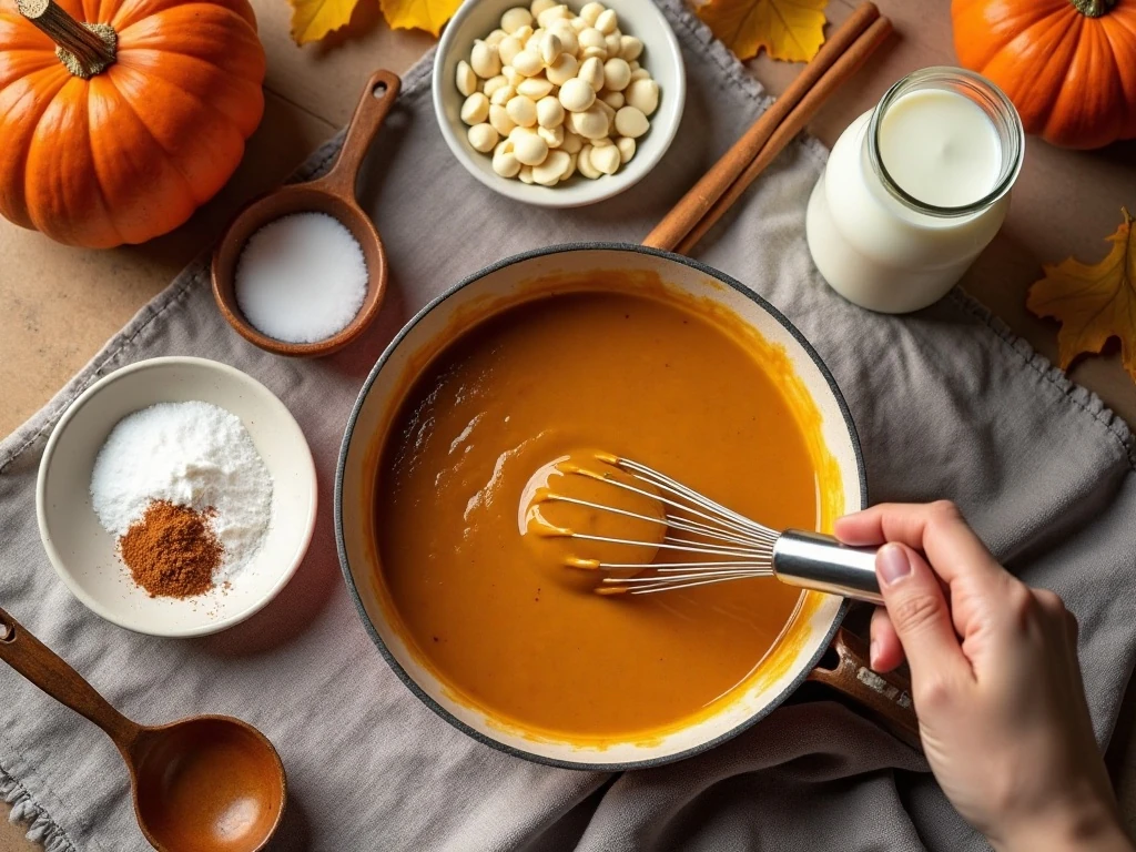 Ingredients for pumpkin white hot chocolate arranged on a fall kitchen table