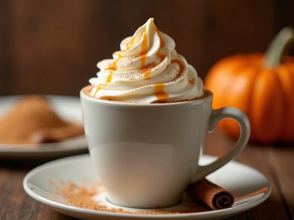 Pumpkin white hot chocolate with whipped cream caramel and cinnamon