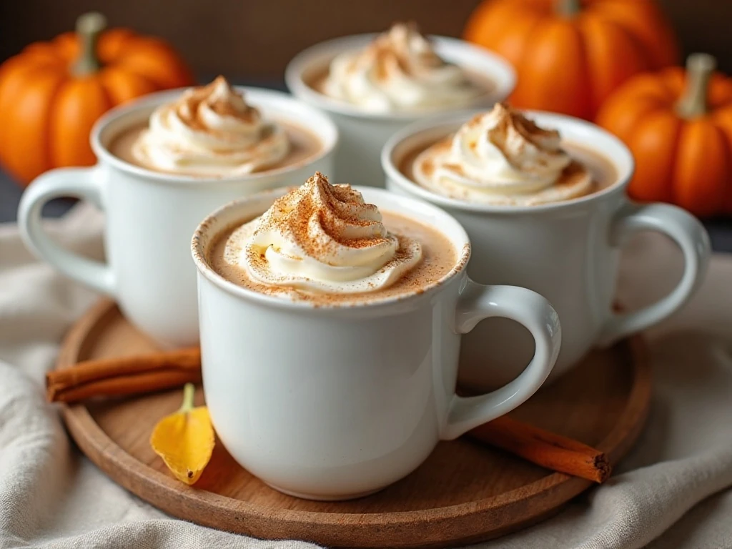 Four mugs of creamy pumpkin white hot chocolate ready to serve