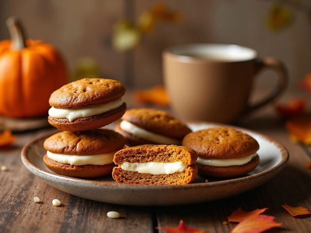 Pumpkin whoopie pies arranged on a plate with visible cream-cheese filling