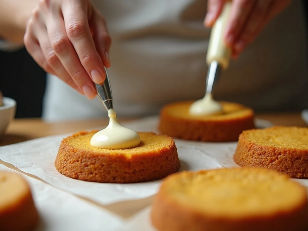 Cream-cheese filling being piped onto pumpkin whoopie pie cakes