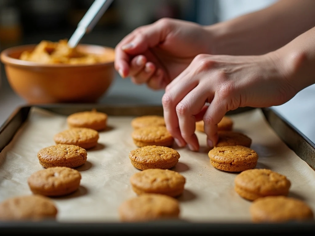 Evenly portioned pumpkin whoopie pie batter on a baking sheet