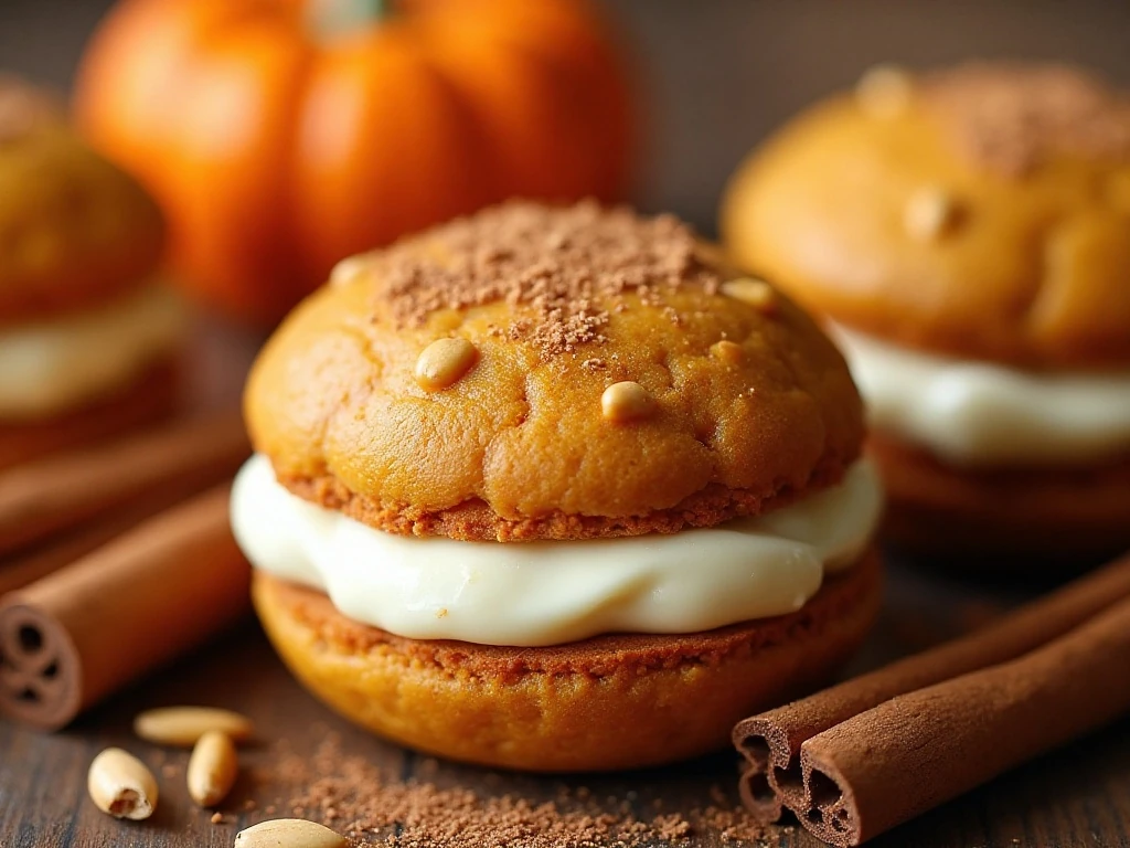 Pumpkin whoopie pie with cream-cheese filling and fall garnish