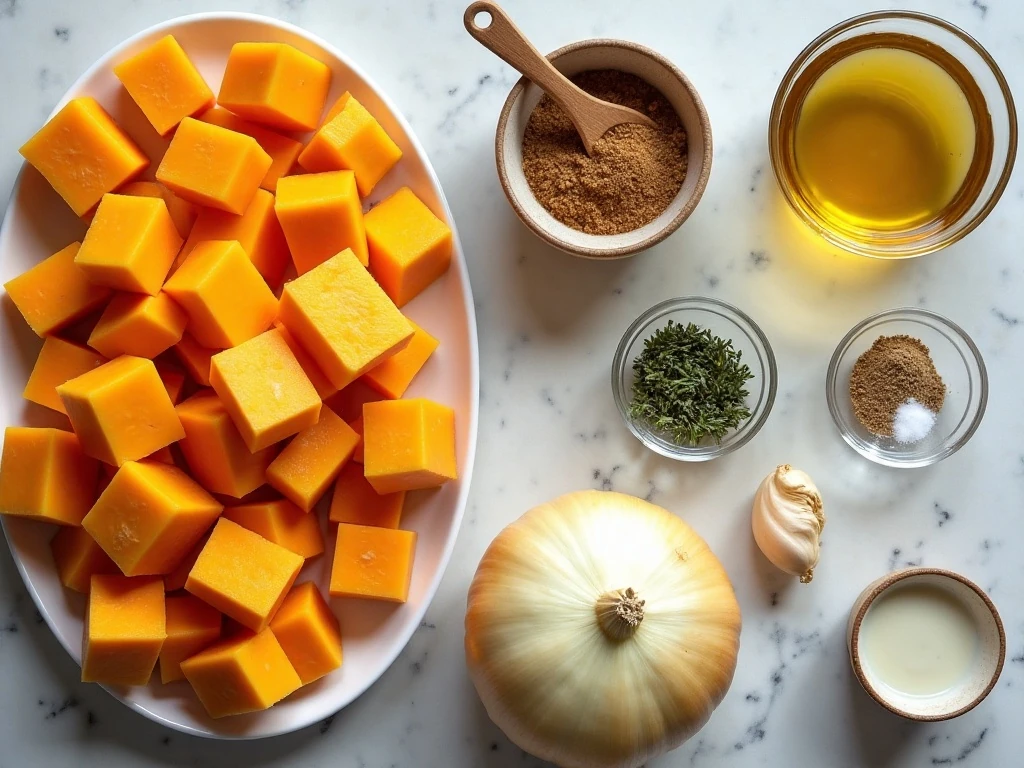 Ingredients for creamy pureed roasted butternut squash soup arranged on a counter