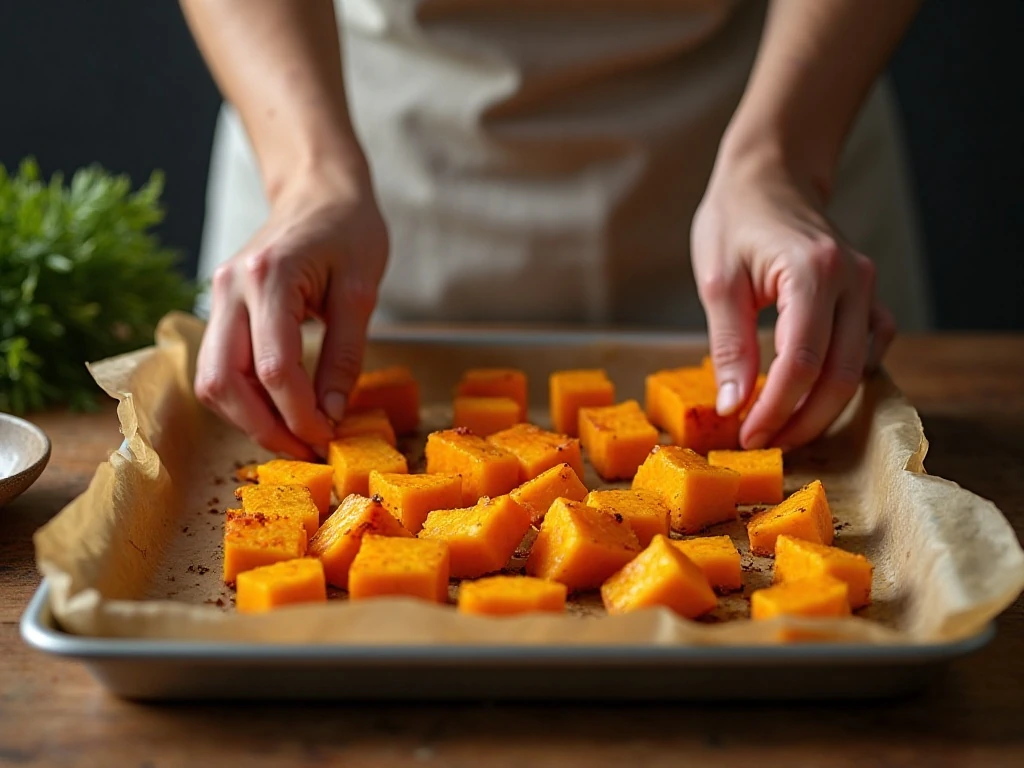 Roasted butternut squash cubes being turned on a baking sheet