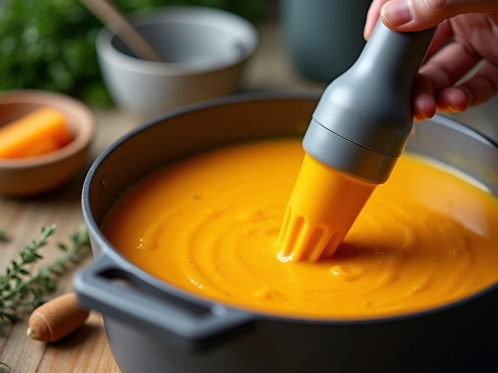 Immersion blender pureeing roasted butternut squash soup until smooth