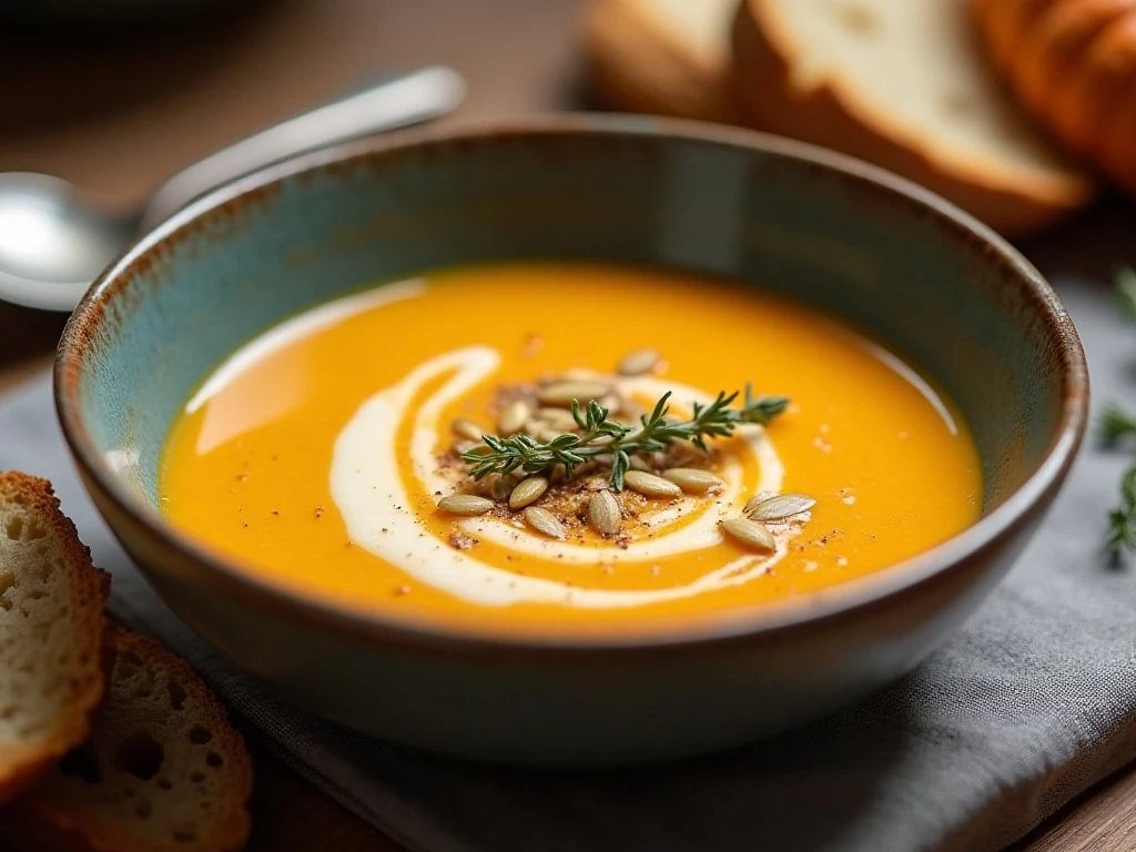 Bowl of creamy roasted butternut squash soup with bread and toppings