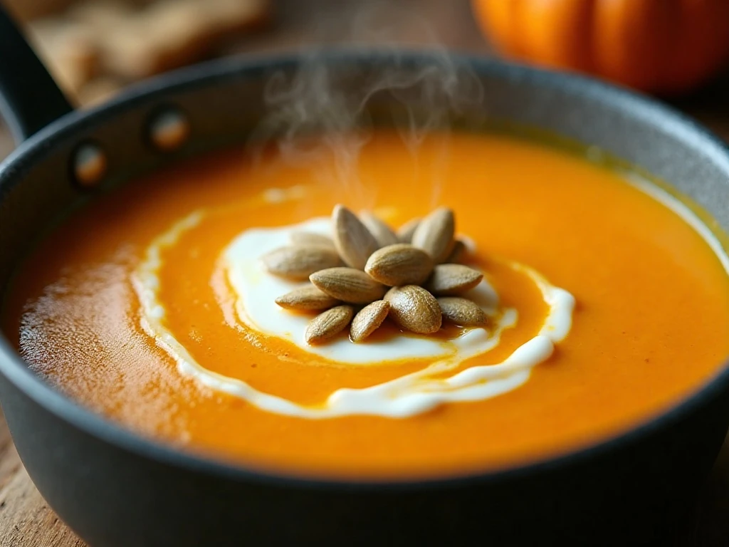 Close-up of creamy butternut squash soup ready to reheat and serve
