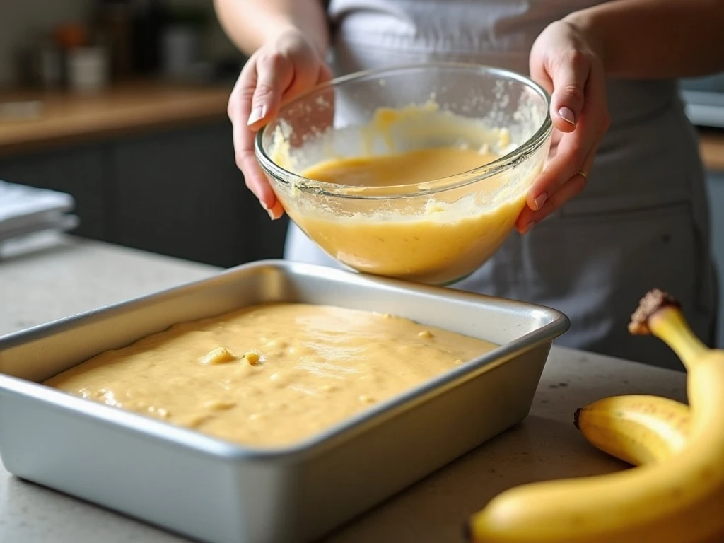 Folding mashed bananas into batter for a moist sheet cake