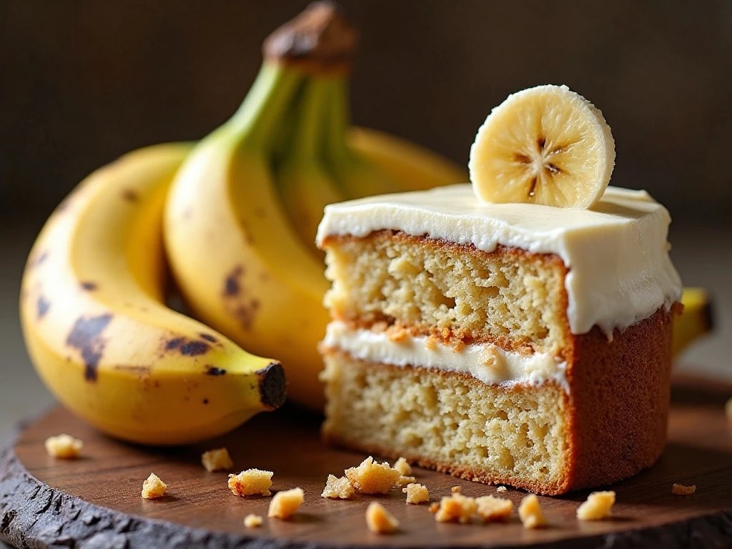 Overripe bananas and a close-up slice showing moist banana cake crumb