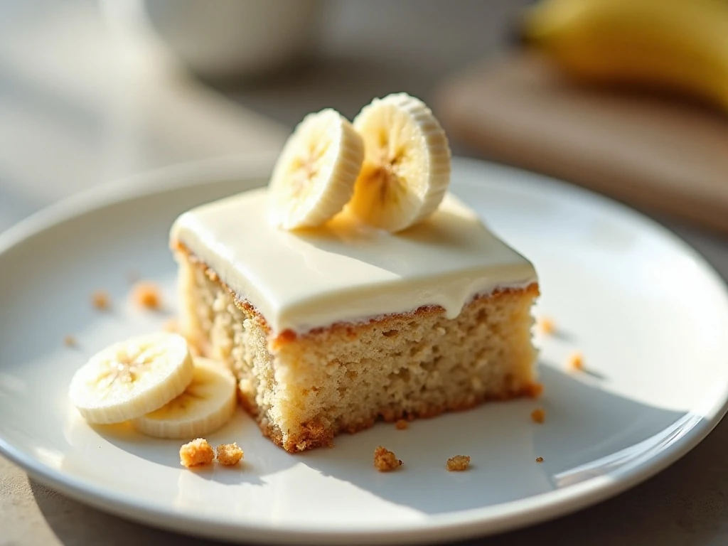 Plated slice of banana cake with cream cheese frosting
