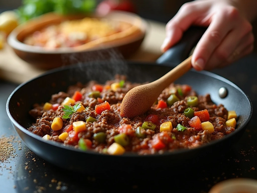 Simmering taco-seasoned beef filling for casserole
