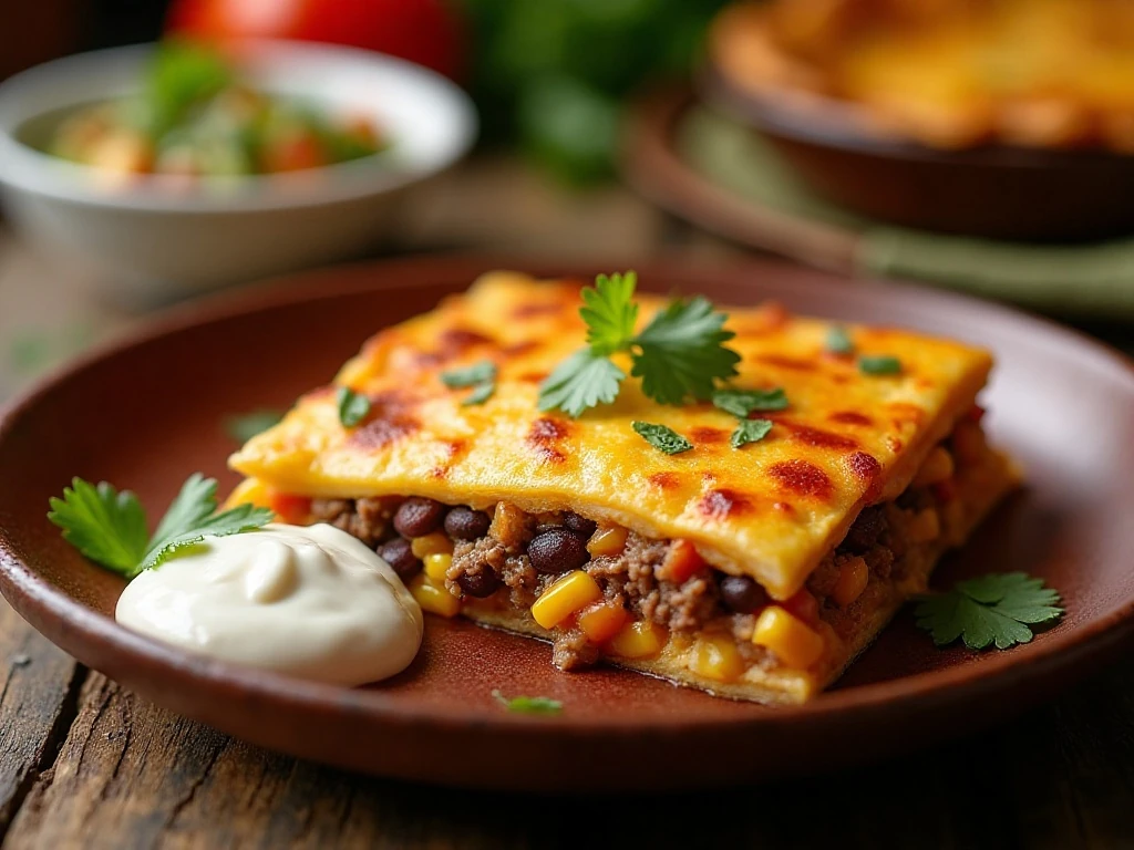 Slice of easy quesadilla casserole with beef, beans, corn, tortillas, and melted cheese