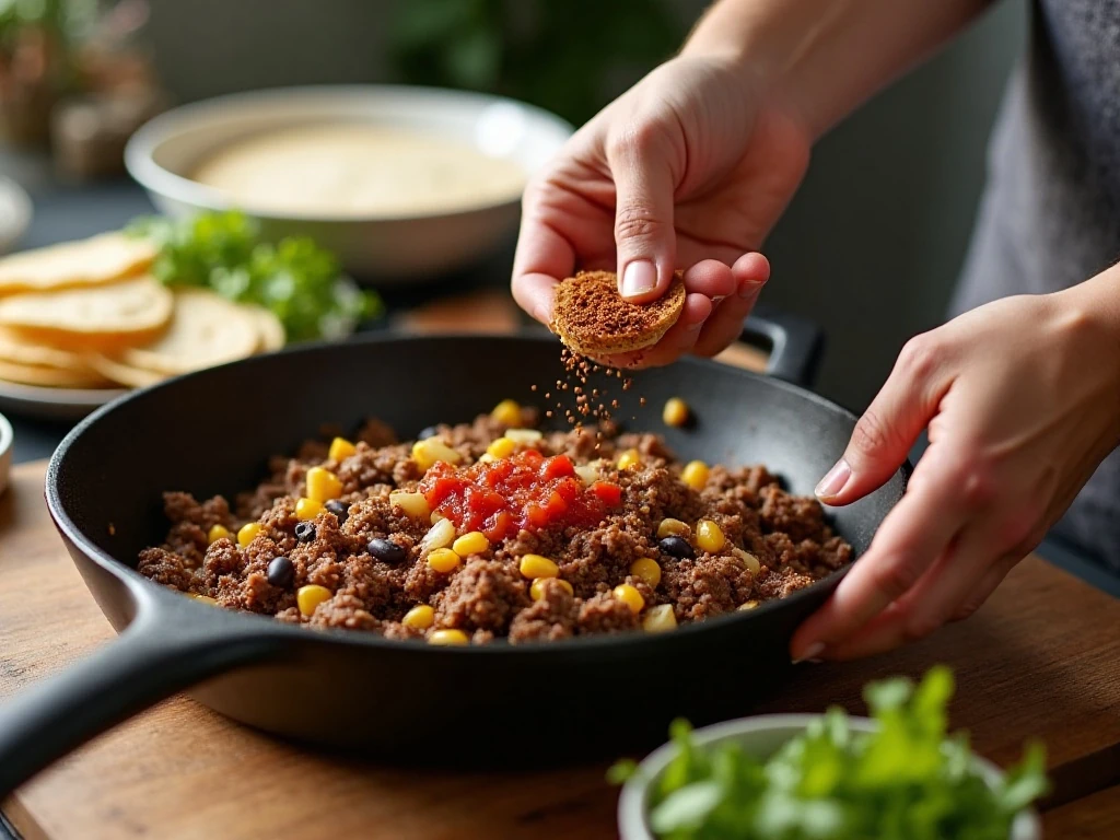 Preparing the seasoned beef filling for quesadilla casserole