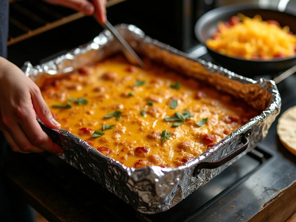 Baking a layered quesadilla casserole in a 9-by-13-inch dish