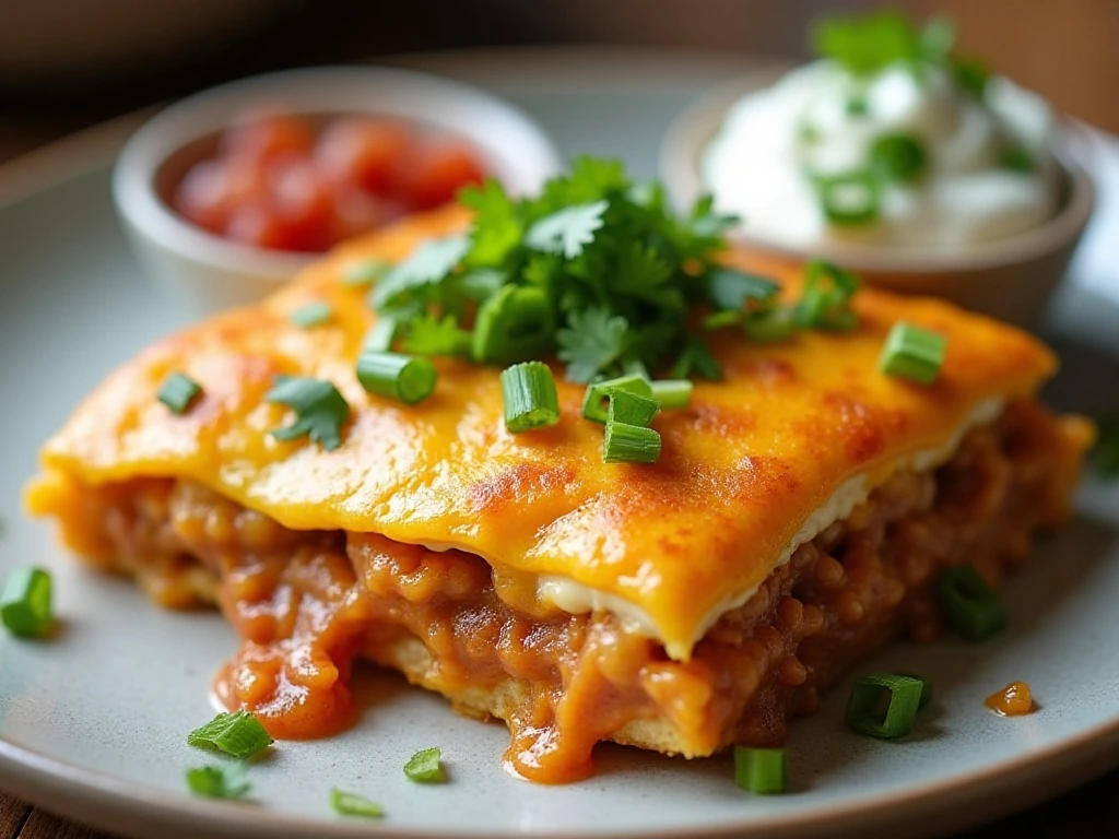 Quesadilla casserole garnished with cilantro, green onions, sour cream, and salsa