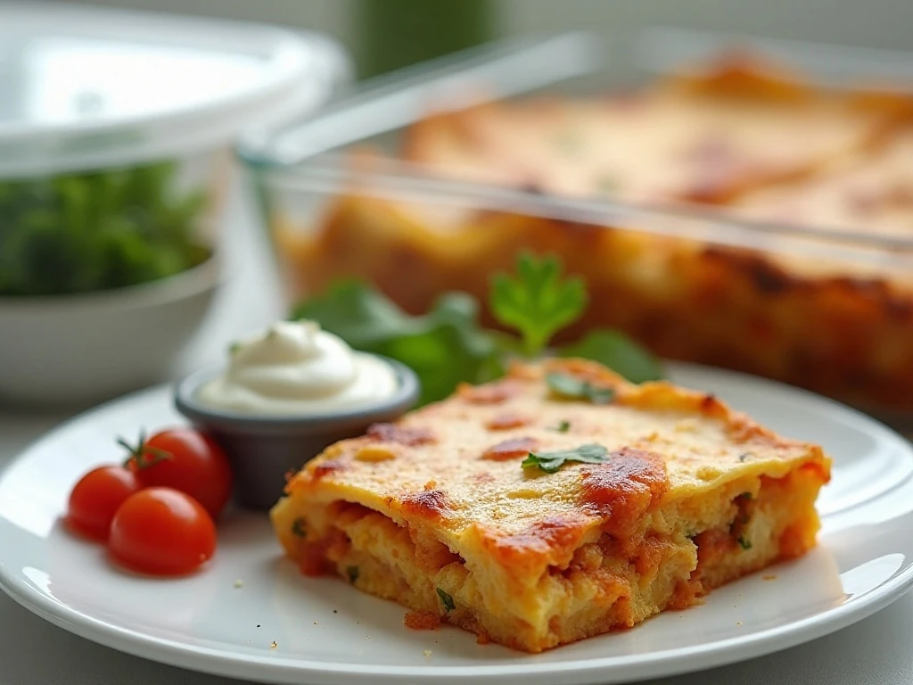 Stored and reheated quesadilla casserole portion