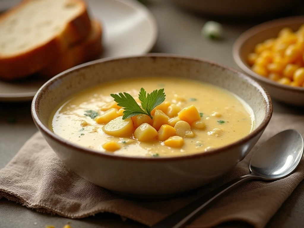 Cozy bowl of creamy corn chowder with potatoes and corn