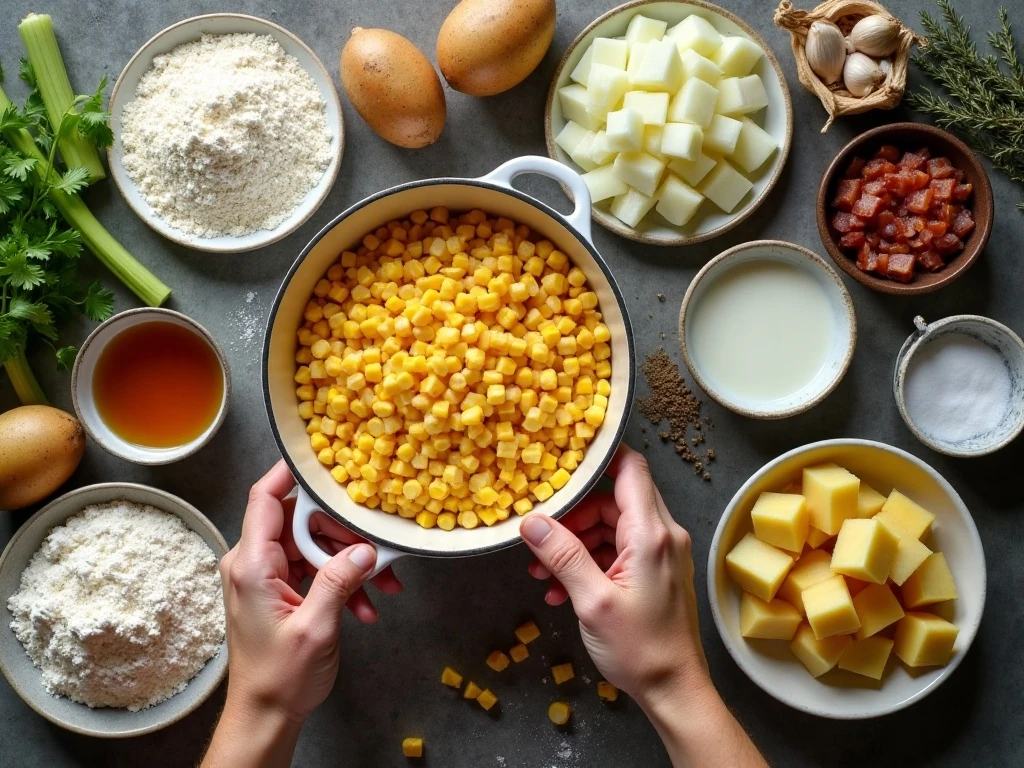 Ingredients for quick corn chowder arranged on a kitchen counter