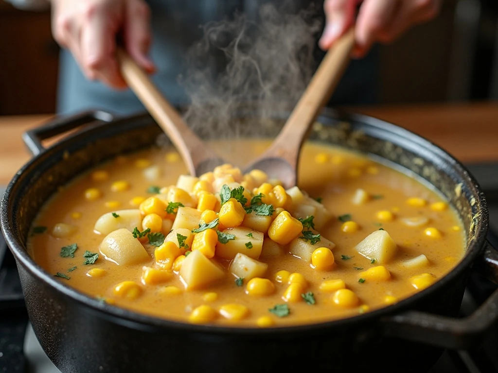 Corn chowder simmering in a Dutch oven