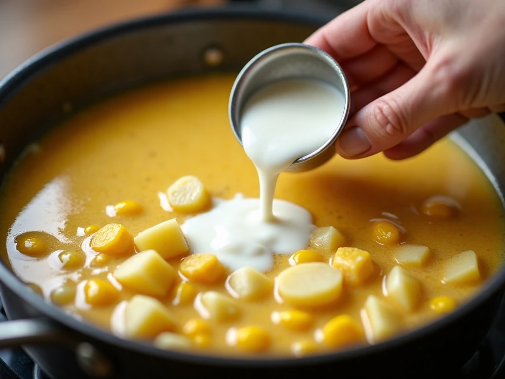 Cream being added to corn chowder for a smooth texture
