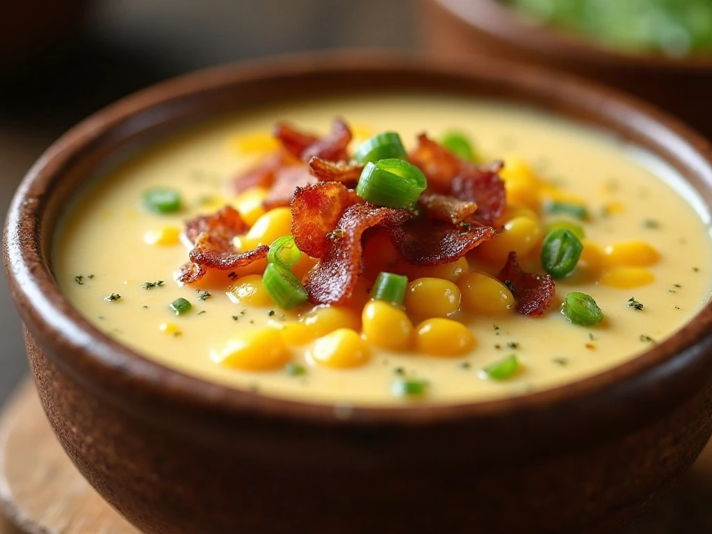 Corn chowder topped with bacon, green onions, herbs, and cheddar