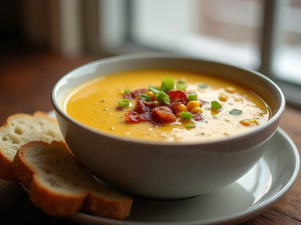 Finished quick and cozy corn chowder served with bread