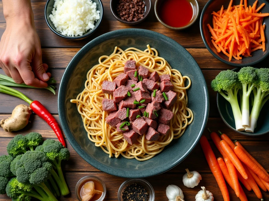Ingredients for quick and easy beef noodle stir-fry arranged for cooking