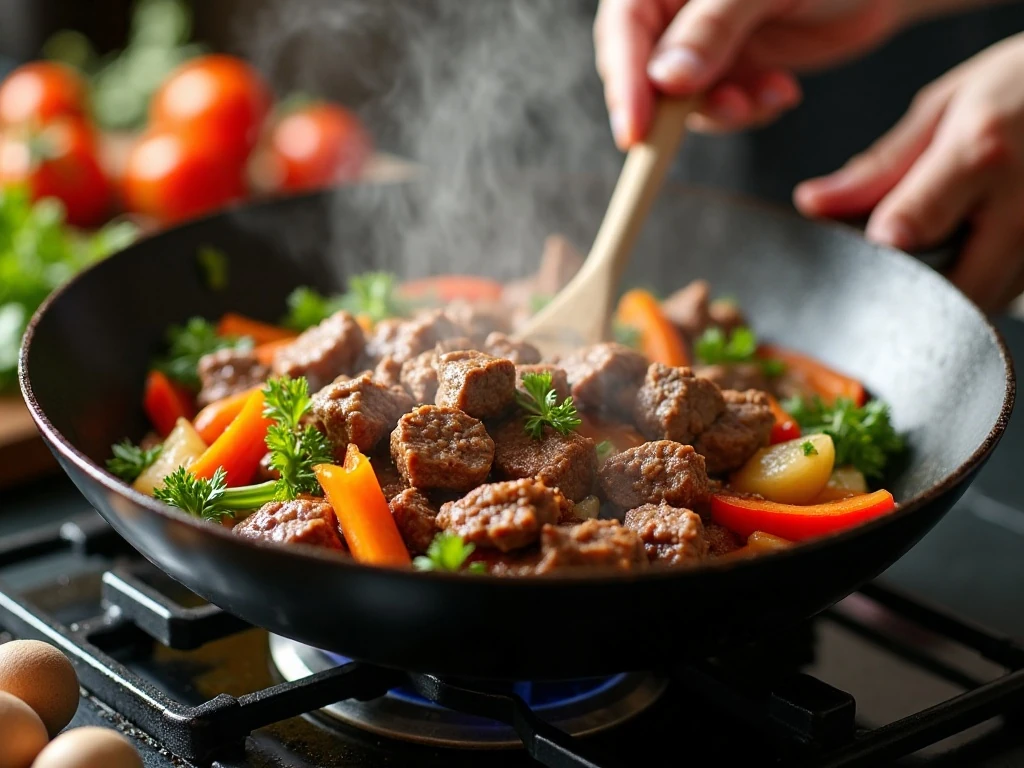 Beef and vegetables stir-frying in a hot wok
