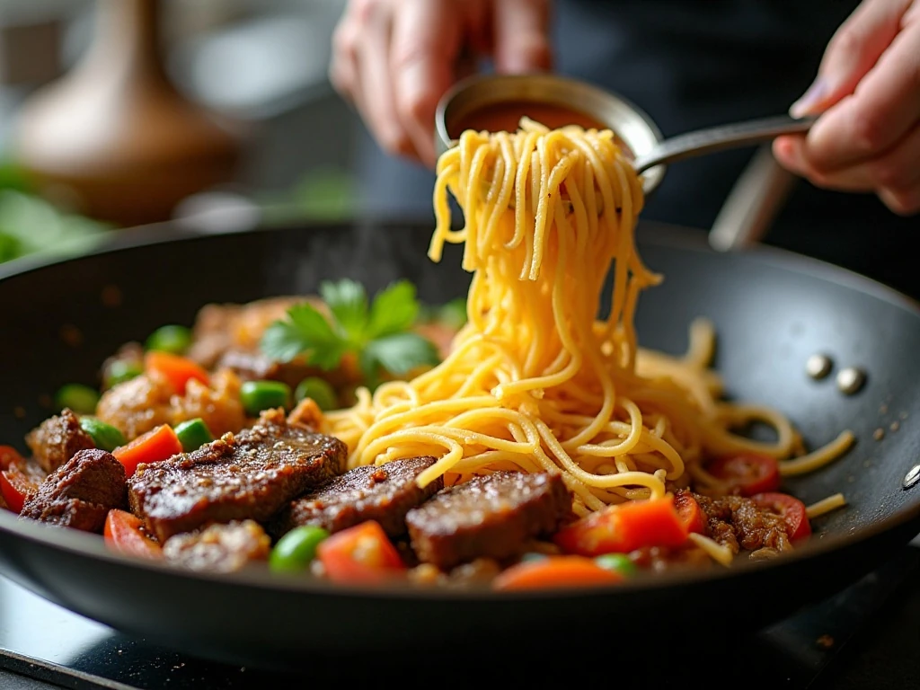 Egg noodles being tossed with beef, vegetables, and stir-fry sauce