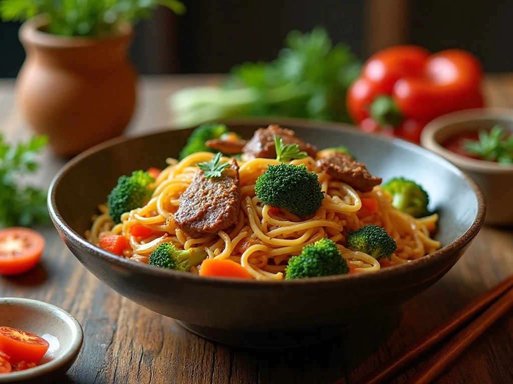 Plated beef noodle stir-fry served as a complete dinner