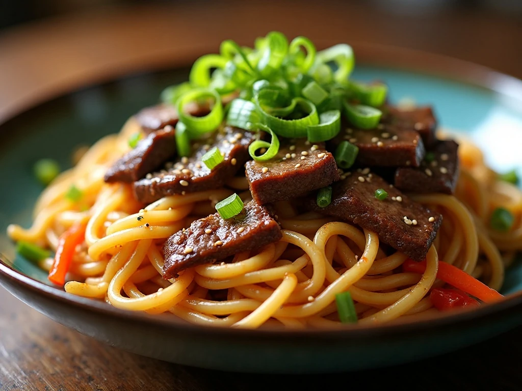 Close-up of beef noodle stir-fry with spring onions and sesame seeds