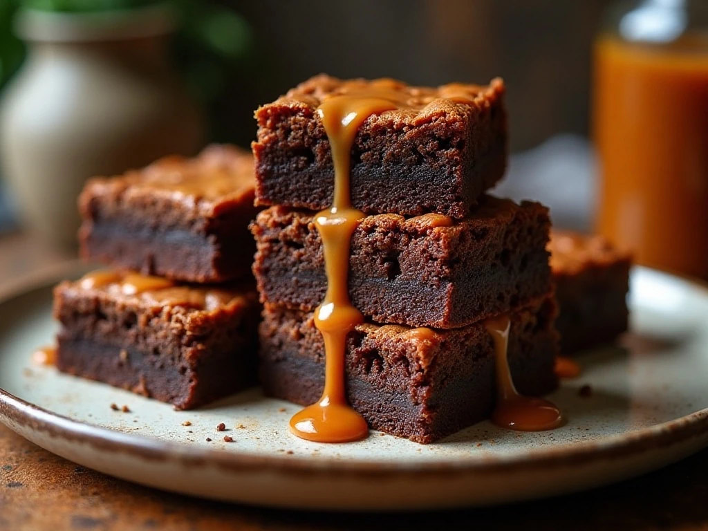 Stack of soft caramel brownies showing the gooey chocolate and caramel layers
