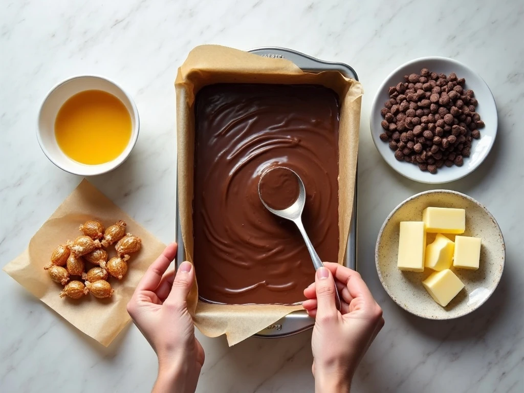 Ingredients for easy caramel brownies arranged for baking