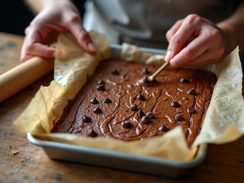 Flattening brownie dough between parchment for the caramel brownie top layer