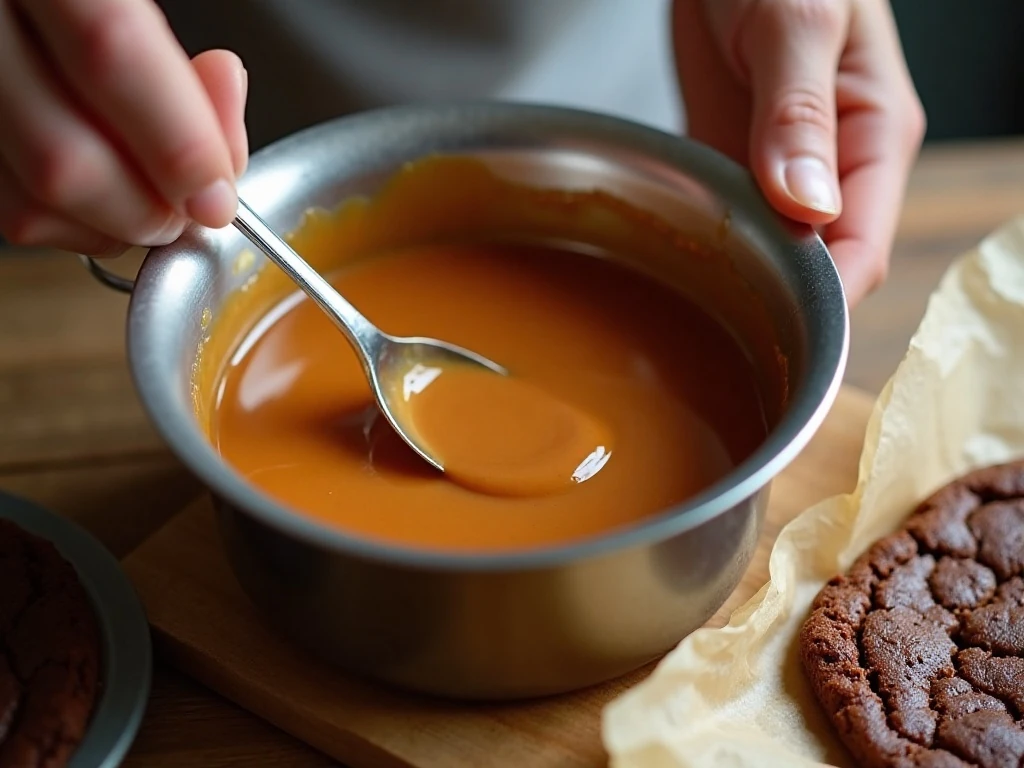 Melting caramels with evaporated milk for brownie filling
