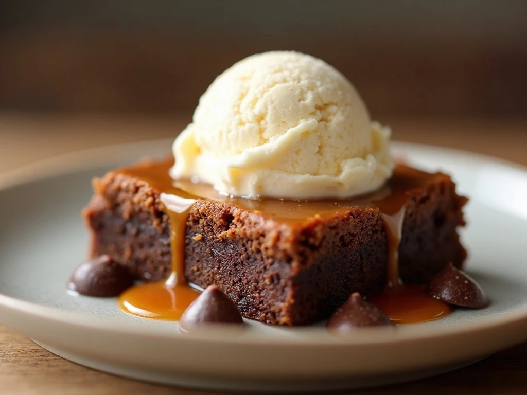 Caramel brownie served with vanilla ice cream and chocolate chips