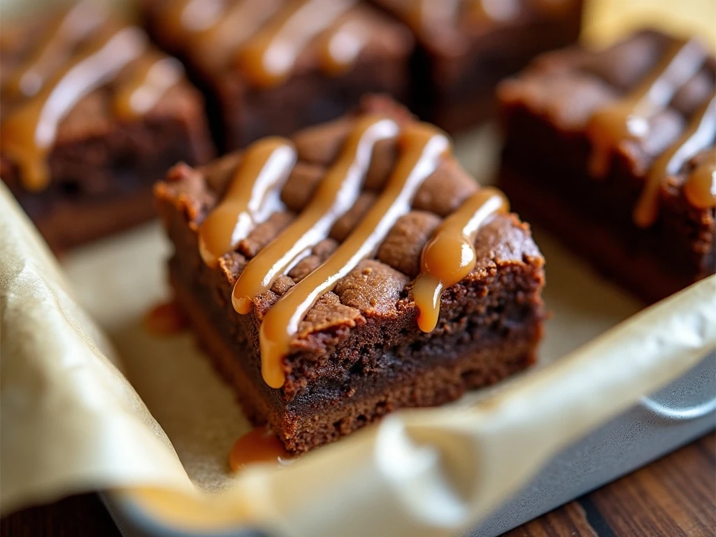 Caramel brownies stored in a container with clean layered slices