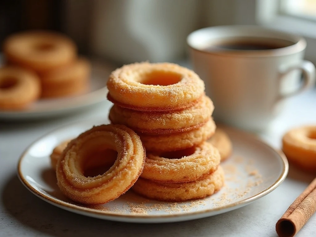 Stack of homemade churro cookies with cinnamon sugar