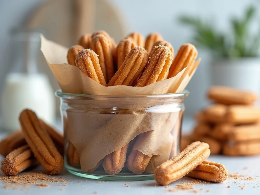 Churro cookies stored in an airtight container