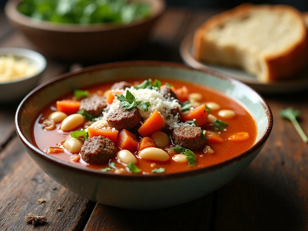 Hearty Italian sausage and white bean soup served with Parmesan and crusty bread