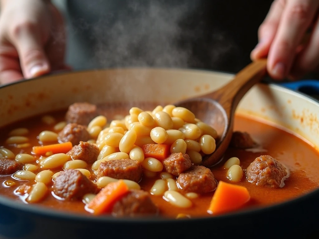 Mashed white beans being stirred into sausage soup for a thicker broth