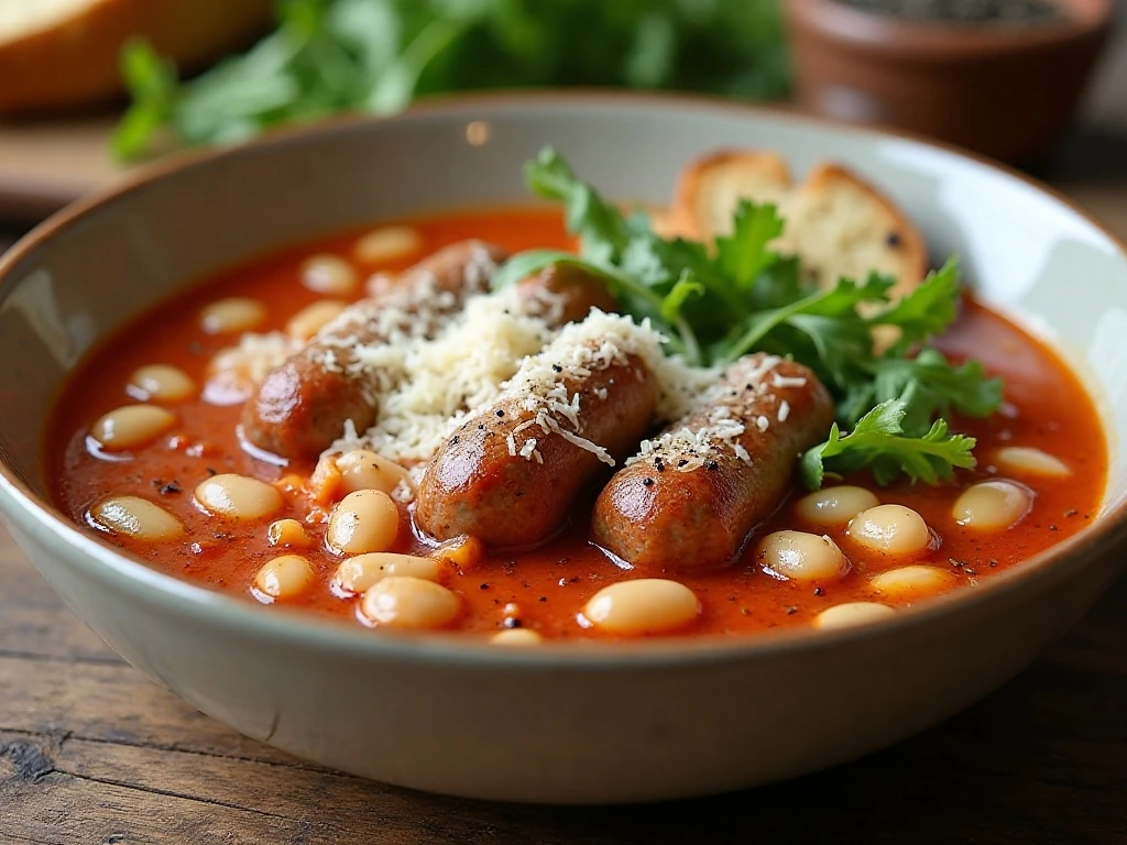 Italian sausage and white bean soup with Parmesan and crusty bread