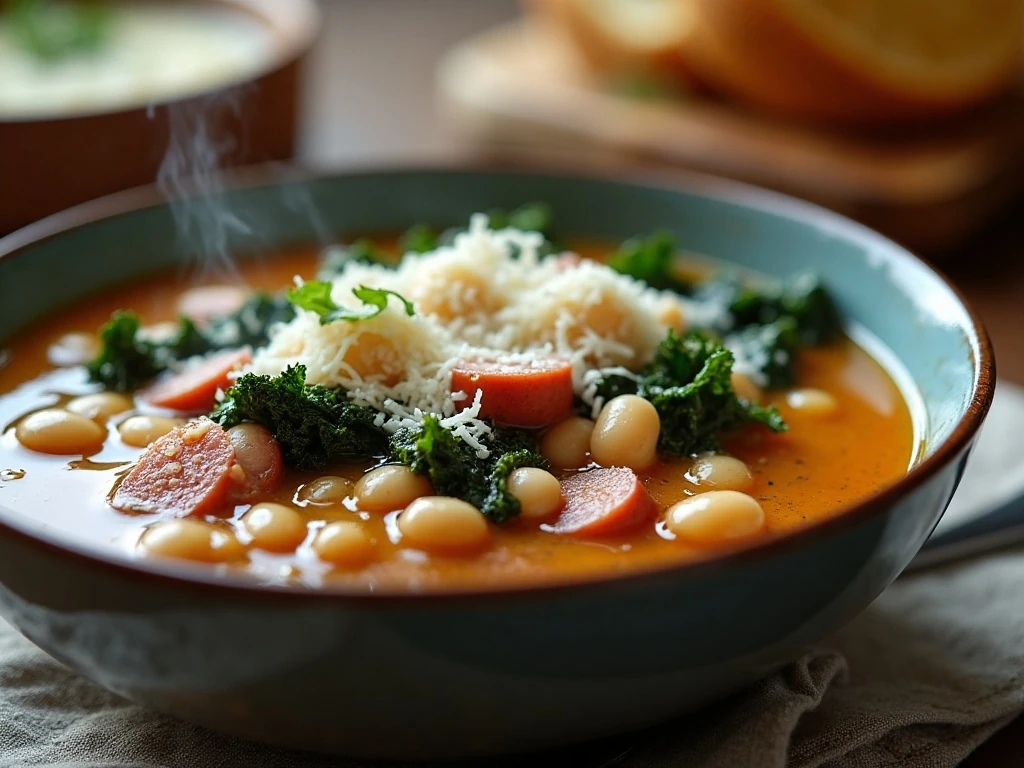 Reheated Italian sausage and white bean soup with fresh Parmesan