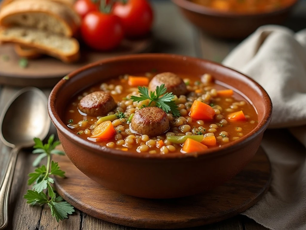 Hearty sausage lentil soup served with crusty bread