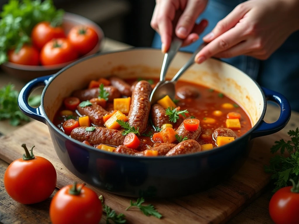 Browning sausage and vegetables for lentil soup